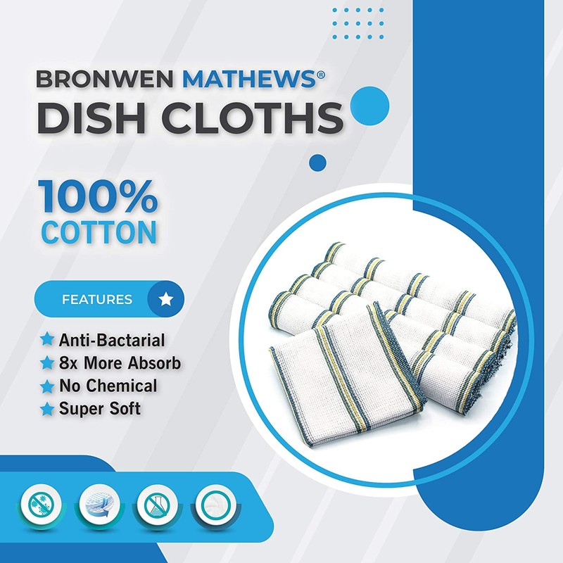 Bronwen Mathews® Dish Cloths Cleaning Hygiene 20Pcs 100% Cotton Antibacterial