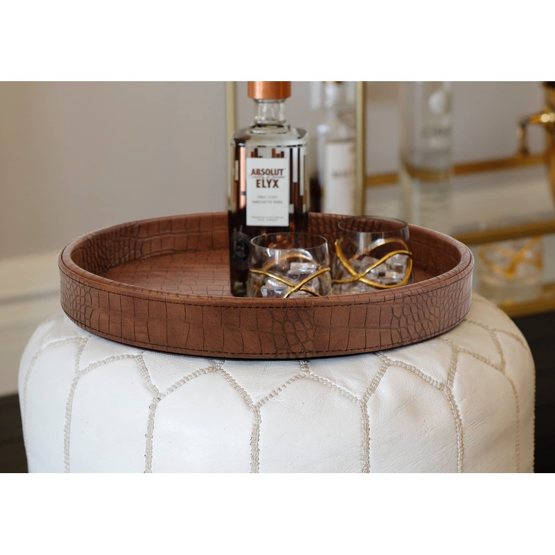 HofferRuffer Faux Leather Round Serving Tray, Vegan Croco Leather Decorative