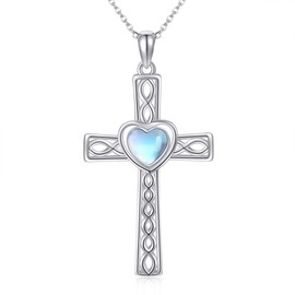 JERWLI Infinity Kreuz Halskette 925 Sterling Silber Keltische Infinity Knoten Kreuz Mondstein Christian Religiöse Anhänger Halskette Schmuck Geschenke für Frauen Männer Mädchen