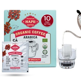 Hapii Organic Coffee Ground, 100% Arabica Vietnamese Coffee, Medium Roast, Smooth, Convenient, and Flavorful - Pack of 10