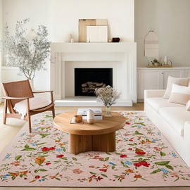 Triohero Area Rug Pink 10x8 Boho Floral Washable Area Rug Large Non Slip Carpet Fade Resistant Stain Resistant Floor Rug Pet & Kid Friendly Indoor Outdoor Rug for Living Room, Bedroom, Dining Room