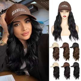 Hat Wig for Women, 20inch Wave Baseball Cap Wig with Curly Synthetic Hair Extensions, Adjustable Brown Black Baseball Hat Wig