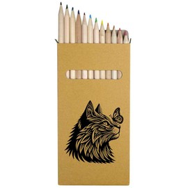 Azeeda 12 x 'Stylised Cat with Butterfly' Long 178mm Coloured Pencils/Pencil Set (PE00061979)
