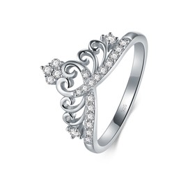 BORUO 925 Sterling Silver Cubic Zirconia Princess Crown Tiara Wedding Cz Band Eternity Ring Size 4.5