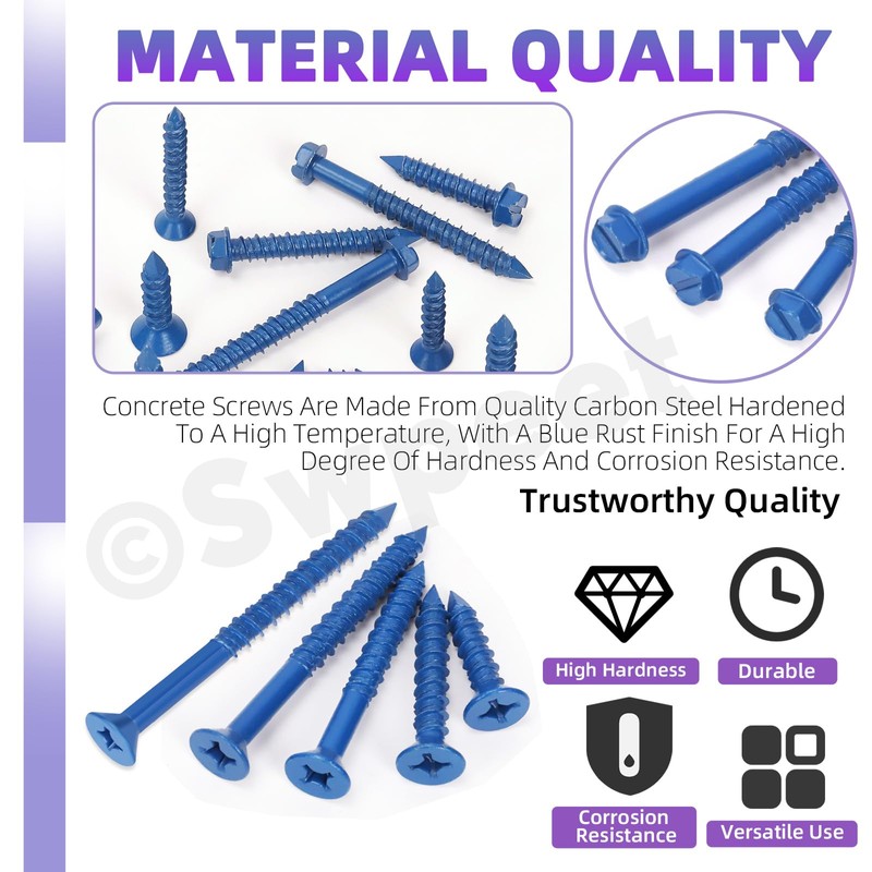 Swpeet 52Pcs 1/4" x 2-1/4" Flat Head Concrete Screw Anchors