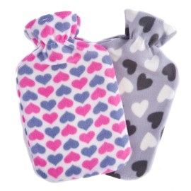 2 x Hot Water Bottles with Soft Fleece Cover - Natural Rubber 2 Litre Capacity - (Hearts Designs)