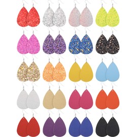 Hicarer 20 Pairs Glitter Teardrop Earrings Bulk Leather Lightweight Leaf Dangle Earring Fashion Jewelry for Women(Elegant Color)