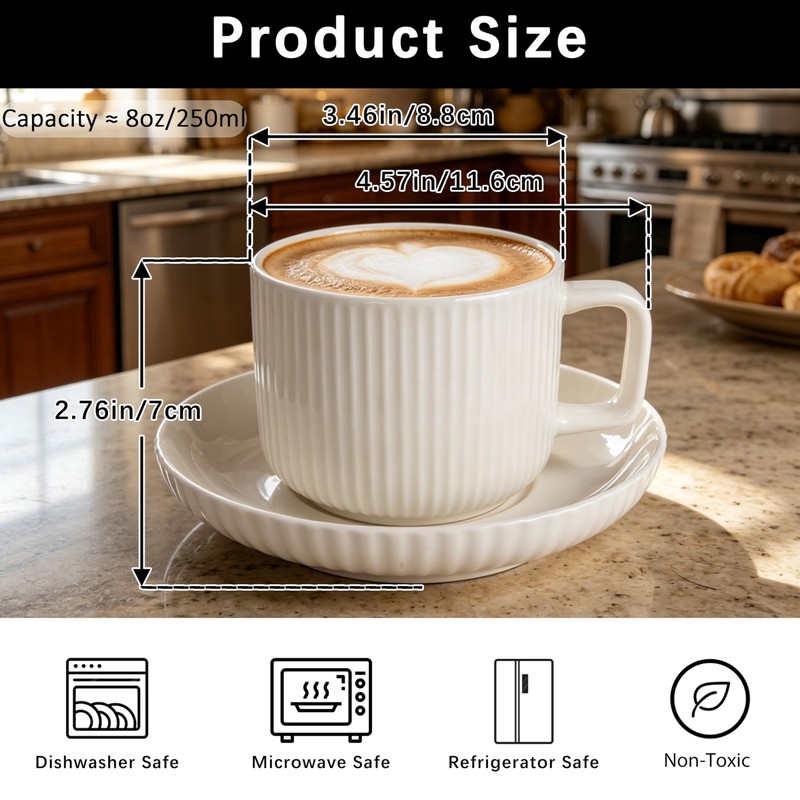 Vitrignis 8oz Cappuccino Cups With Saucers - Set Of 4