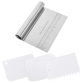Stainless Steel Kitchen Scraper Set – 1 x Kitchen Scraper (15 cm x 11.5 cm x 2.5 cm) and 3 x Cream Scraper, Dough Cutter and Dough Card Set, Stainless Steel Kitchen Scraper and Cream Scraper, Ideal