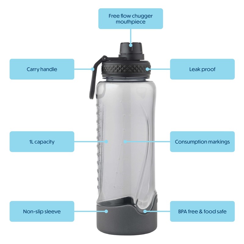 Smash Active Free Flow Water Bottle 1 Litre Black