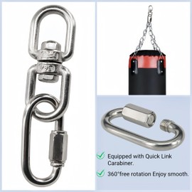 2PCS M8 Swivel Ring Double Ended Swivel Eye Hook with 2 Pcs Quick Link Locking Carabiner, Eye to Eye Swivel Shackle Ring Connector for Swing, Hanging Chair, Hammock, and Fitness Ropes Supplies