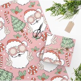Pink Christmas Wrapping Paper- 17inch x 120inch- Santa and Candy Cane Print for Christmas, Holiday, Party Celebration