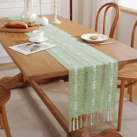 Farmhouse Braided Striped Table Runner with Handcrafted Tassels, Boho Linen Table Runners 48 inches Long for Holiday Party and Dining Room Decor, 13 x 48 inch - Sage Green