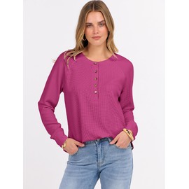 ANRABESS Women's Long Sleeve Waffle Knit Shirts Dressy Casual Loose Button Up V Neck Henley Tops 2025 Fall Basic Tee Blouse Hot Pink X-Large