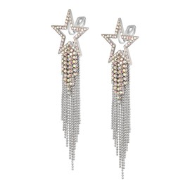 EVER FAITH Bling Star Tassel Clip-on Earrings for Women, Rhinestone Crystal Wedding Jewelry Long Waterfall Beaded Fringe Chandelier Dangle Statement Accessories ridescent AB Silver-Tone
