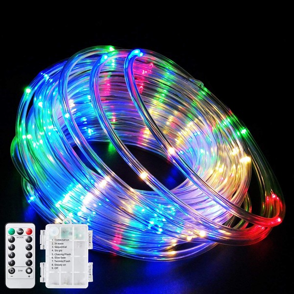 Fatpoom LED Rope Lights Battery Operated String Lights 40Ft 120 LEDs 8 Modes Outdoor Waterproof Fairy Lights Dimmable/Timer with Remote for Camping Party Halloween Christmas Decoration Multi-Color