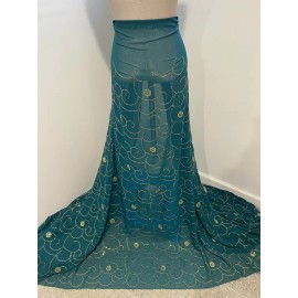 wowfabric4less123 TEAL GOLD Embroidery Sequins Chiffon Fabric 50” Width Sold By The Yard