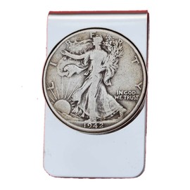 US 1942 Walking Liberty Half Dollar 90% Silver Coin Stainless Steel Money Clip NEW - Silver Plated Coin Bezel