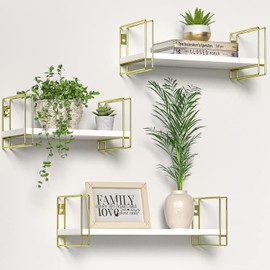 J JACKCUBE DESIGN White Wood Floating Shelves, Set of 3 Wall Mounted Hanging Shelves with Gold Wire Frames for Bedroom. Living Room, Kitchen, Bathroom and Office - MK696C