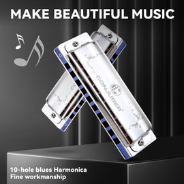 CONJURER Blues Harmonica for Kids Adult Beginners 10 Hole Diatonic Harmonica in G Key Phosphor Bronze Sound Spring Mouth Organ Blues Harp with Case, Key of G Stainless Steel Silver
