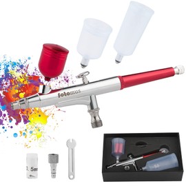 Fotomus 3 Types of Paint Cups: Airbrush, 0.02 inch (0.5 mm), Large Diameter, Double Action, Includes Spare Nozzle, Handpiece, 0.2 fl oz (7 cc, 20 cc, 40 cc), Gravity Type, Separated Type, Plastic Model, For Painting Hobby, Needle Adjuster, Red