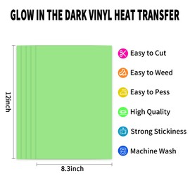 Heat Transfer Vinyl Glow in Dark Iron on Vinyl 5 Pack 12"x 8.3" PU HTV Luminous Fluorescent Color for Shirts(Glow in Dark - Green)