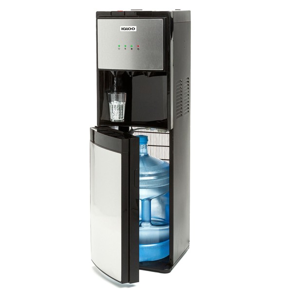 Igloo IWCBL353CRHBKS Stainless Steel Hot, Cold & Room Water Cooler Dispenser, Holds 3 & 5 Gallon Bottles, 3 Temperature Spouts, No Lift Bottom Loading, Child Safety Lock, Black/Stainless