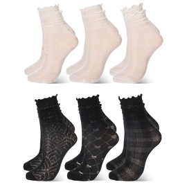 Fourluoo 6 Pairs Womens Socks Casual Ruffle Ankle Socks Lace Socks Cute Breathable Thin Cool Frilly Socks(Beige, Black)