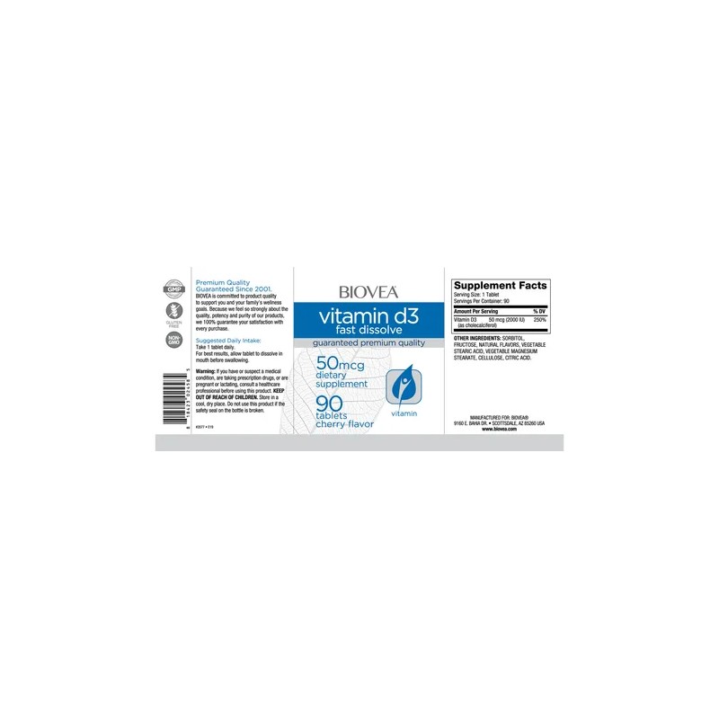 Biovea Vitamina D3 Colecalciferol 50mcg 2000ui 90 Tabletas Sabor Cereza