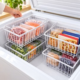 4 Pack Stackable Chest Freezer Organizer Baskets – Metal Wire Storage Bins with Foldable Handles for Frozen Food, Meat and Kitchen Organization