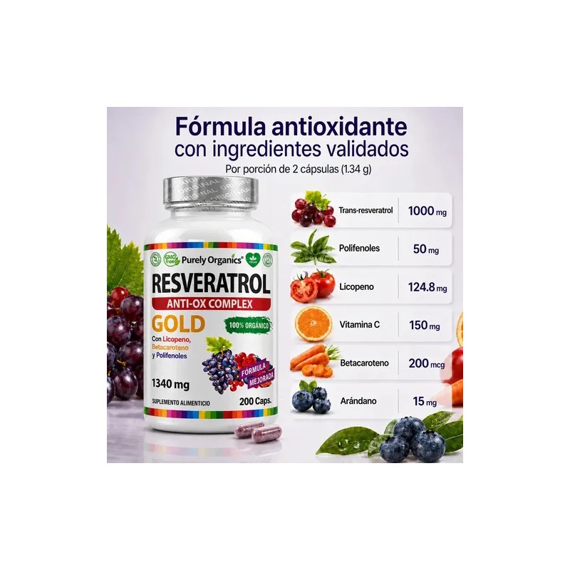 Resveratrol Gold 200 Cápsulas Suplemento Antioxidante Transresveratrol Complejo Antioxidantes Polifenoles