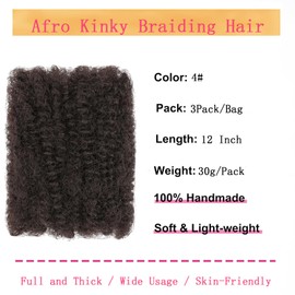 TOOPBIUTI Afro Kinky Bulk Hair 12 Inch Spring Twist Braiding Hair Bulk Locs Dreadlock Extensions Afro Kinky Curly Crochet Braid Hair (4#, 12inch-3pc)