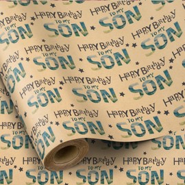 RUSPEPA Kraft Wrapping Paper Roll for Son - Mini Roll - Text Happy Birthday to MY SON Pattern Great for Boys' Birthday, Party and Any Occasion - 17 Inches X 16.4 Feet