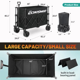 EchoSmile Collapsible Foldable Extended Wagon with 500lbs Weight Capacity, 300L Folding Utility Wagon Cart with Big All-Terrain Wheels for Beach,Sport,Gargen&Grocery,Black