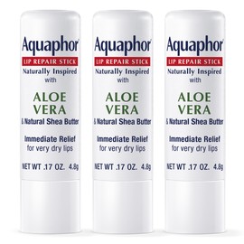Aquaphor Naturally Inspired Lip Repair Stick with Aloe Vera and Natural Shea Butter, Hydrating Lip Balm Immediately Relieves Dryness and Soothes Chapped Lips, 0.17 Oz Stick, Pack of 3