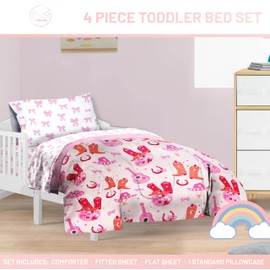 Cowgirl Boots & Bows Comforter Set for Toddler Bed Frame - 4 Piece Bedding Includes Sheet Set, Pillow Covers - Super Soft Cozy Pink Disco Bedding