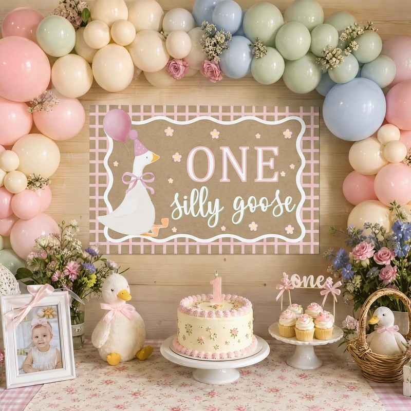 OPUHOHR Goose Pink Banner for One Silly Goose Birthday Decor