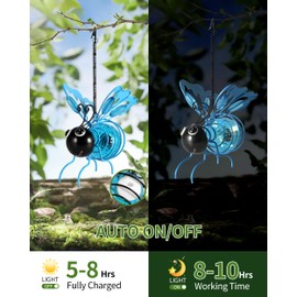 iStatue - Lámpara solar colgante de metal con mariposas – Luces decorativas resistentes a la intemperie con resortes hinchables para jardín y patio, decoraciones de primavera y verano (azul)