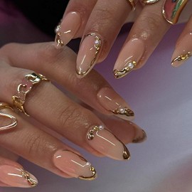 Viugex 24Pcs Nude Press on Nails Almond Medium, Gold Border French Tip False Nails, Glossy Acrylic Full Cover Fake Nails with Pearls and Rhinestones, Natural Removable Stick on Nail for Women Girls