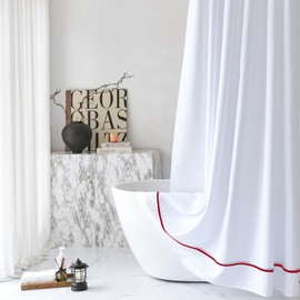 youngseahome White Shower Curtain with Red Border, Modern Chic Faux Linen Fabric Shower Curtains for Bathroom and Hotel,72 x 72 Inches