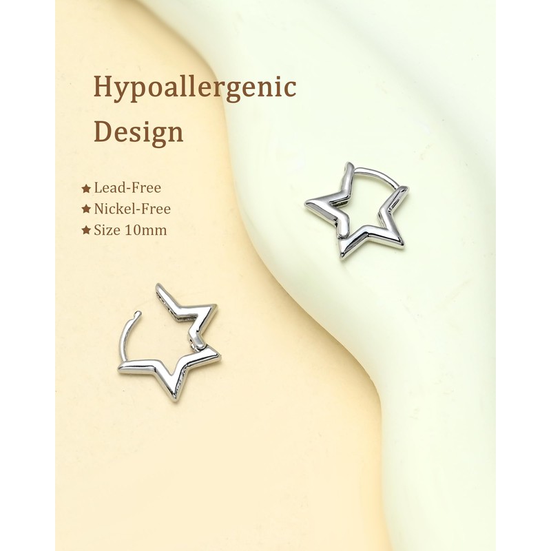 Desnuage Silver Star Huggie Earrings Hypoallergenic Minimalist Hoop Earrings Everyday