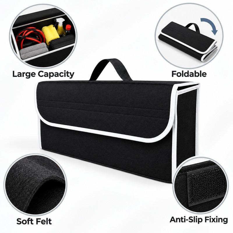Foldable Car Trunk Organizer, Felt Storage Box with Handle, Anti-Slip