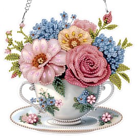 MXJSUA Teetasse Mit Blumen Diamond Painting Anhänger, Diamond Painting mit Kette Erwachsene, Diamant Painting Fensterbilder, Hängende Ornament Bastelset Set für Wand Und Eingang Decor