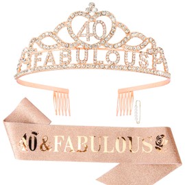 Tihebax 40th Birthday Sash and Crown for Women Rose Gold 40th Birthday Decorations for Women 40 and Fabulous Decorations 40 Year Old Birthday Gifts for Women