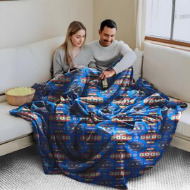 Sacred Thread Fleece Blanket 60"x80" South Western, Reversible Mexican, Vibrant Aztec Blankets and Throws for Aztec Decor for Home, Native American Boho Blanket in Flannel Blue Full