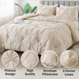 Andency California King Comforter Set Beige (104x96Inch), Pinch Pleat Comforter Set 3 Pieces, Oversized King Pintuck Bed Comforter, Microfiber Down Alternative Comforter Bedding Set for All Season