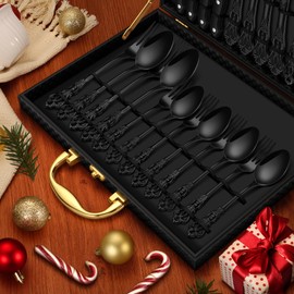 Stapava 24 Pcs Black Silverware Set with Gift Box, Gorgeous Retro Royal Silverware Set for 4, Stainless Steel Mirror Flatware Cutlery Set for Home Party Wedding, Dishwasher Safe Utensils Set