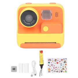 K27 Kids Instant Camera Front Rear Dual Lens Selfie Video Paper Instant Print Camera with Lanyard Yellow 32G Memory Card