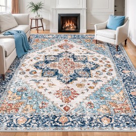 SERISSA Boho 8x10 Area Rugs, Washable Vintage Large Living Room Rug Non-Slip, Ultra Soft Oriental Print Distressed Tribal Farmhouse Blue Orange Carpet for Dining Room Bedroom Dorm Office Home Decor