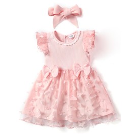 PATPAT 2pcs Baby Girl Ribbed Knit Flutter-Sleeve Splicing 3D Butterfly Applique Tulle Dress with Headband Set Pink 18-24 Months